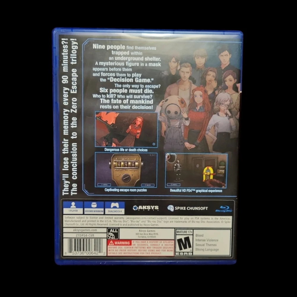 Zero Escape Zero Time Dilemma (Playstation 4 or PS4) Console Disc Game